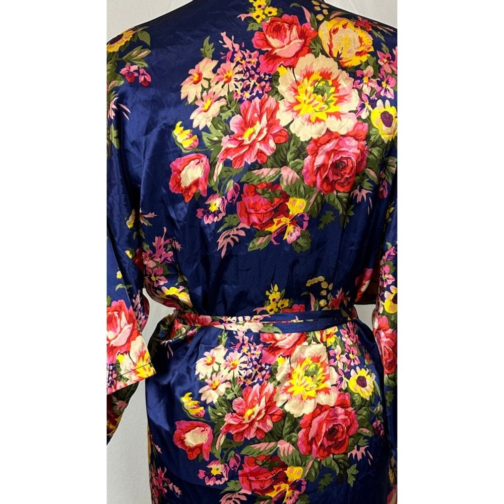 Lightweight Satin Navy Blue Floral Robe with Yellow Pink Belted - Picture 8 of 10